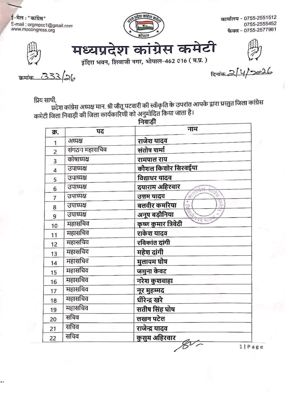 Niwari District Congress Executive Committee Announced